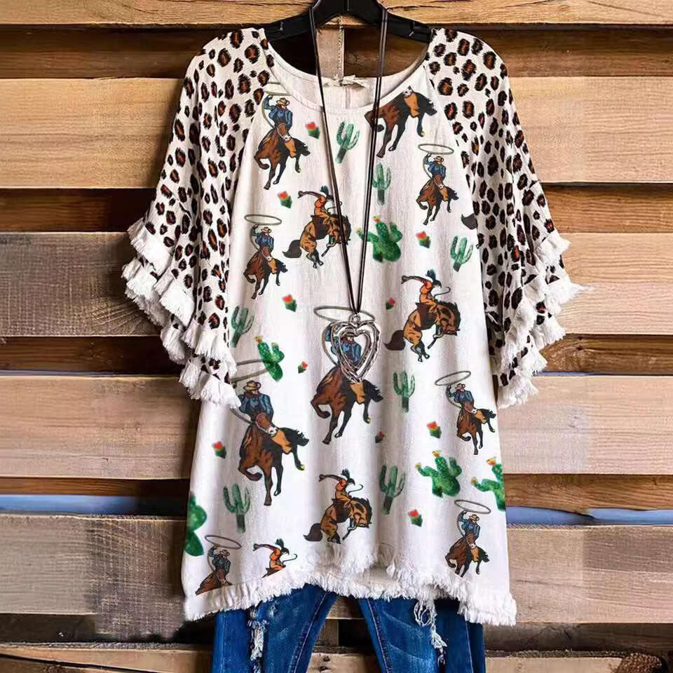 2021 Women's Round Neck Short Sleeve Printed Temperament Commuter Loose Cotton T-shirt with Head Set, 2024 New Casual Versatile Fashion Clothing