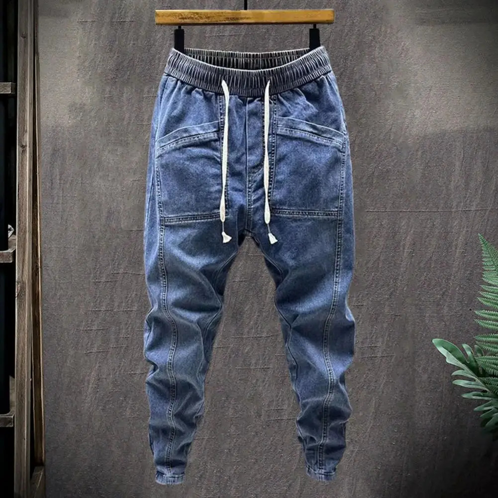 Spring Autumn Men Jeans Elastic Drawstring Waist Pockets Denim Trousers Solid Color Casual Cargo Harem Pants Mens Clothing 241219