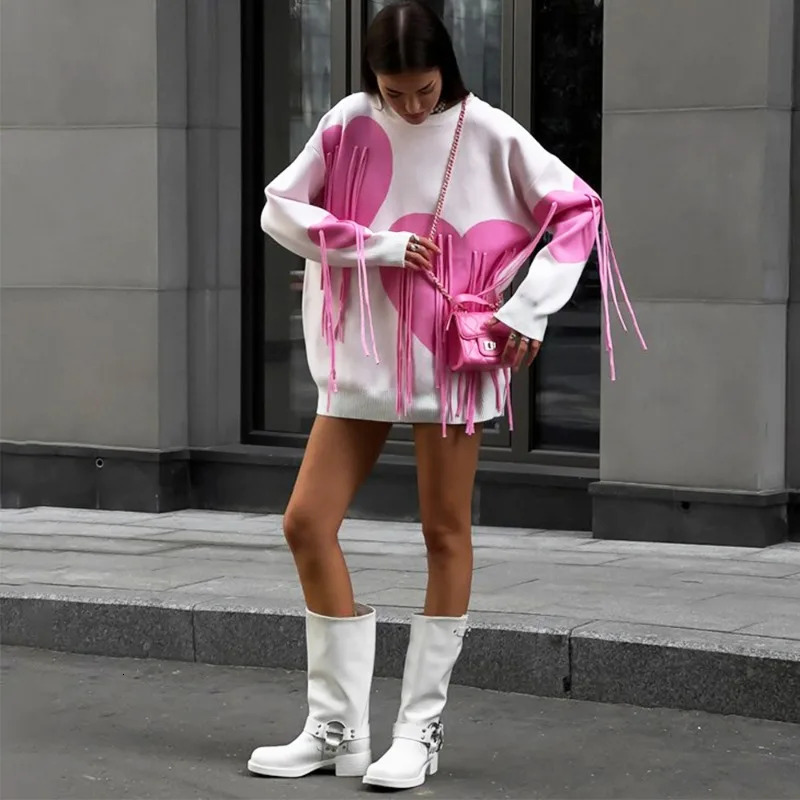 Talenza Heart Print O-Neck Long Sleeve Pullover Casual Knitted Tassel Sweater Loose Women's Streetwear