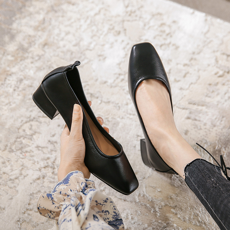 Woman Spring Fashion Square Toe Concise 4Cm High Heel Female Shallow Black Fitting Mary Janes Elegant Cute Loafers Shoes