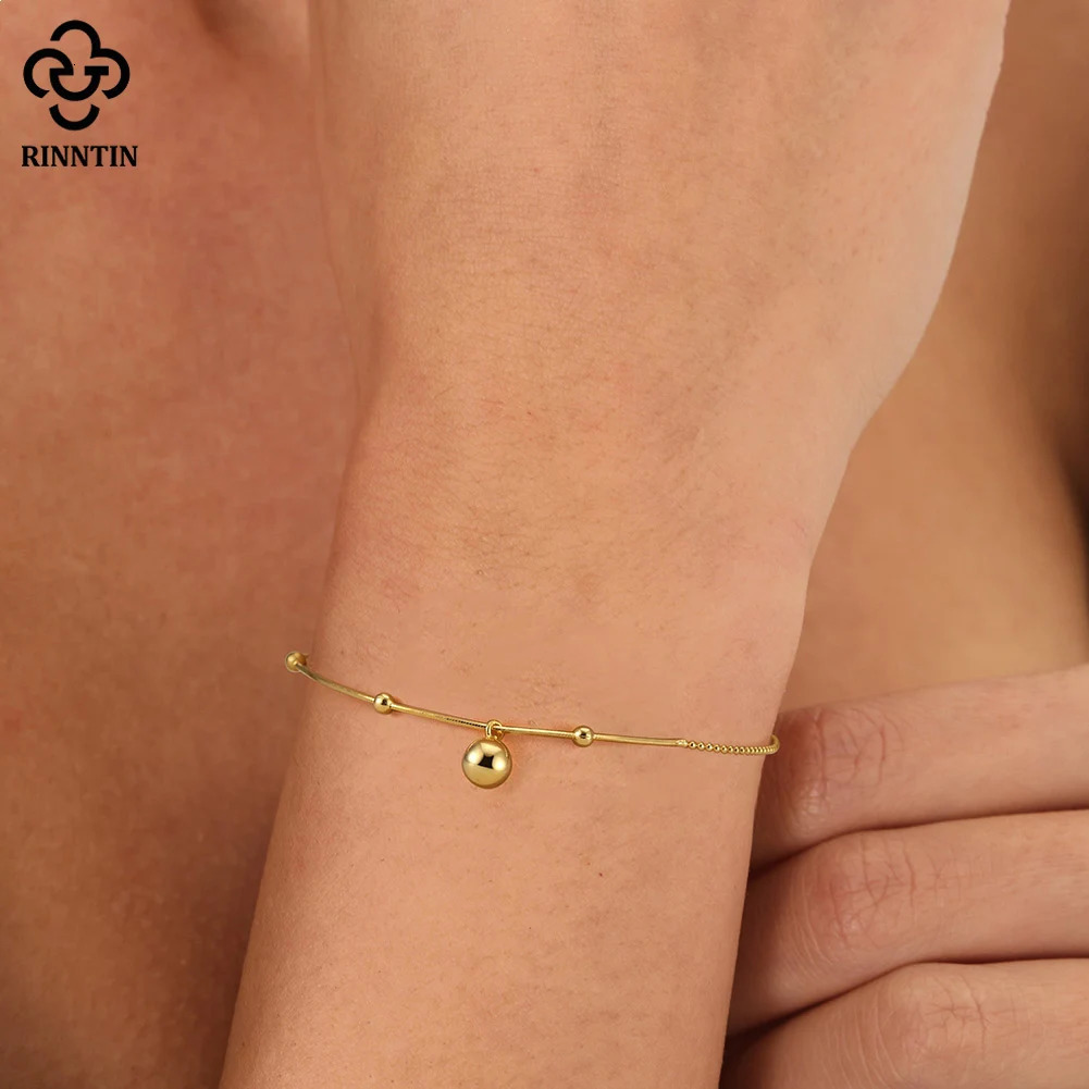 Rinntin S925 Silver Round Pendant Snake Satellite Chain with 1mm Beaded Chain Bracelet For Women Wedding Jewelry Gift SB184 241214