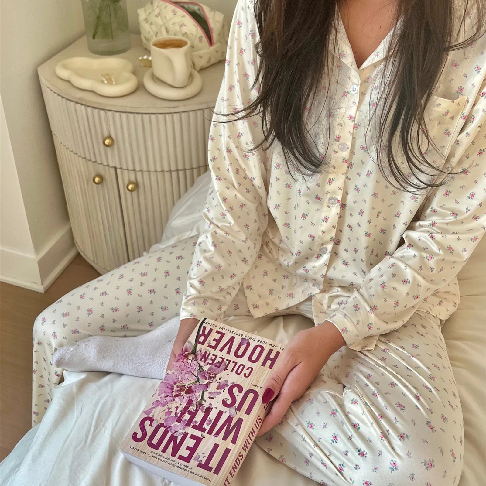 Imcute Floral Pajamas for Women Set Long Sleeve Button Down Shirt and Wide Leg Pants Y2K Fruit Print Lounge Set Sleepwear 241217