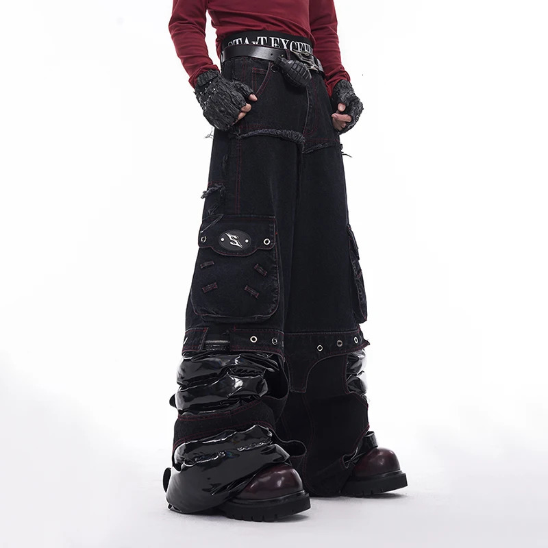 FEWQ Pants Leg Splicing PU Leather Mens Jeans Autumn Winter Straight Legs Darkwear Korea Fashion Male Trousers 24E5611 241219