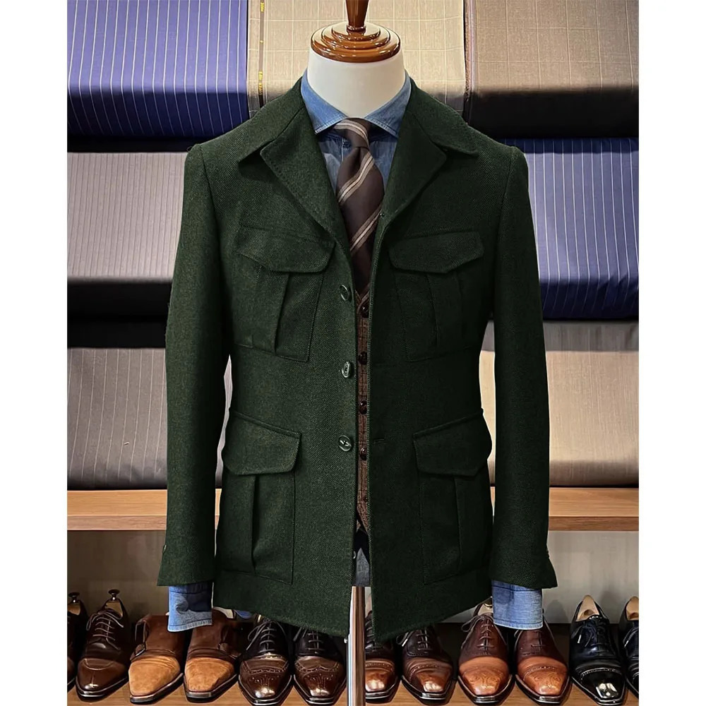 Mens Herringbone Hunting Jacket Casual 4 Pockets Fashion n Vintage Tweed Blazer Single Breasted Comfortable Work 241218