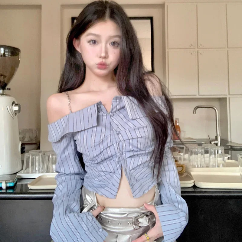 French fashion and elegant longsleeved offshoulder striped shirt women tops unique casual oneshoulder slim short top clothing 241218