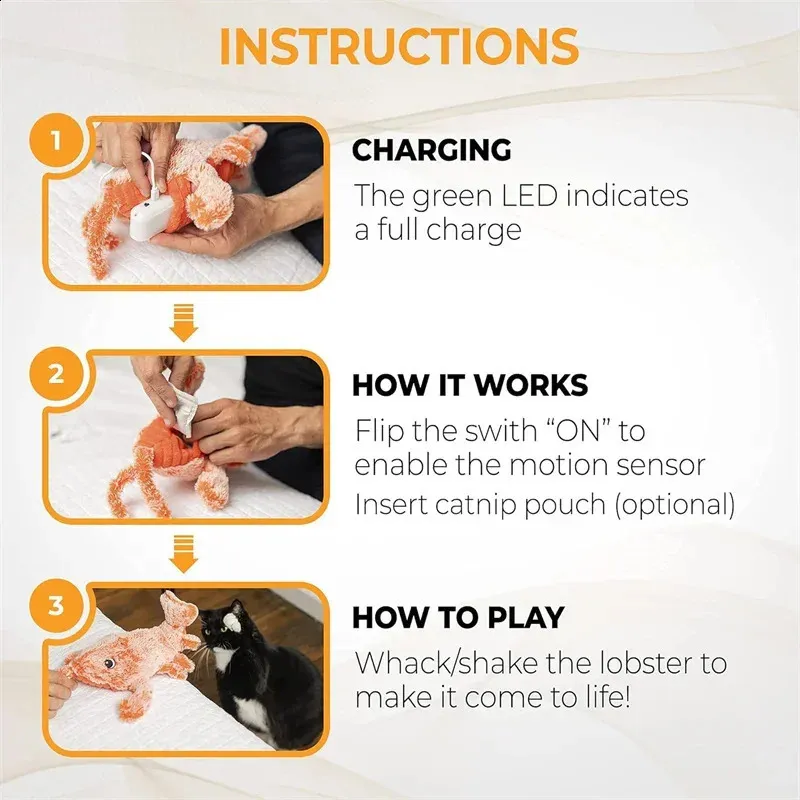 Rechargeable Electric Lobster Pet Toy Realistic Interactive Plush Shrimp for Cats Washable & Durable Orange