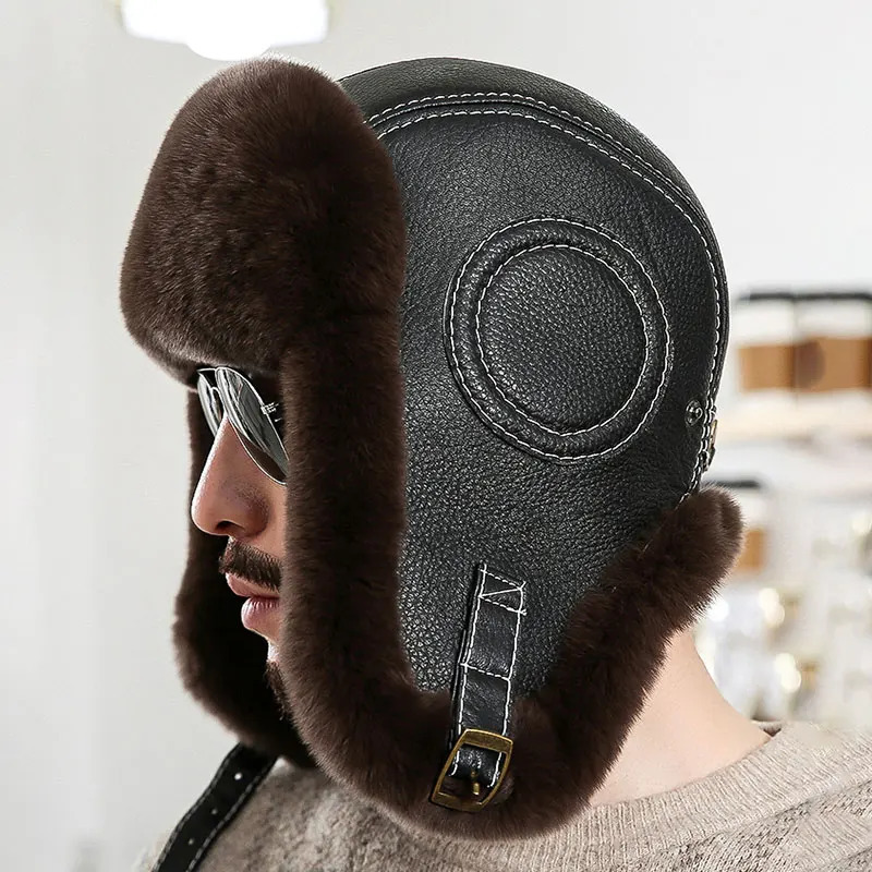 Winter ski hat Russian hat mens warm earmuffs thick earmuffs Rex rabbit skin Lei Feng hat unisex hat 241220