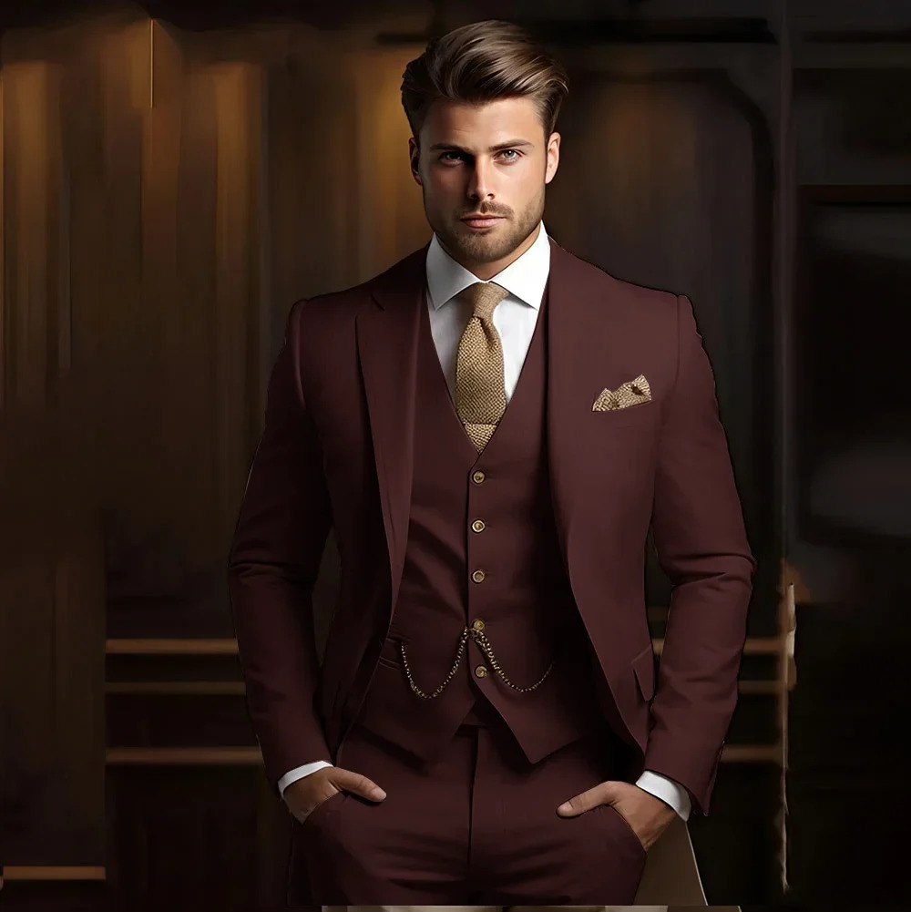 Formal Mens Suits for Groom 3 Pieces Khaki Wedding Groom Tuxedo Slim Fit Male Fashion Suit Jacket with Pants Vest 241220