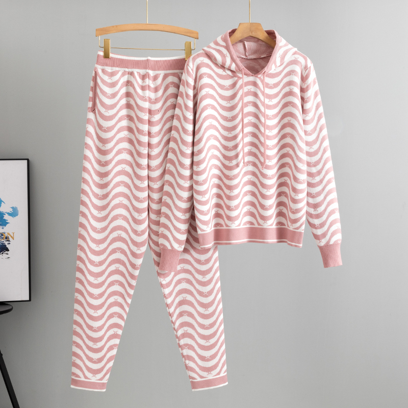 Spring 2 Hooded Women Outfits Tracksuit Knit Cardign Wide Leg Pant Sets New Two Piece Casual Loose Suit