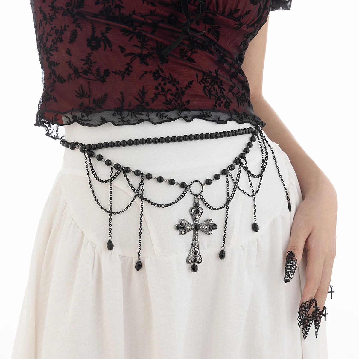 PuRui Gothic Black Multilayer Tassel Belt Cross Waist Chain Women Adjustable Red Bead Pendant Waist Chain Halloween Body Jewelry 241220
