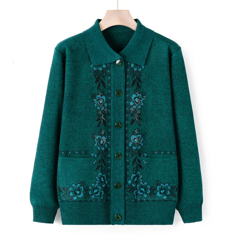 Middle Aged Elderly Mother Woolen Coat Lapel Collar Women Spring Autumn Knitted Cardigan Sweater Female Knitwear Jacket 241220