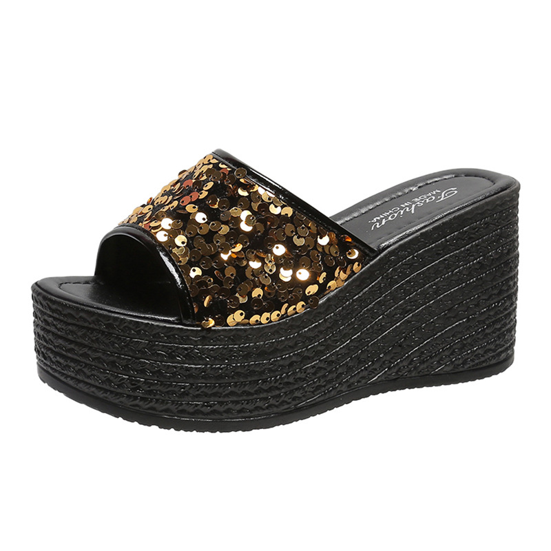 Summer new foreign trade large size women's wedge sandals sequined European and American style casual comfortable black soles 34-43