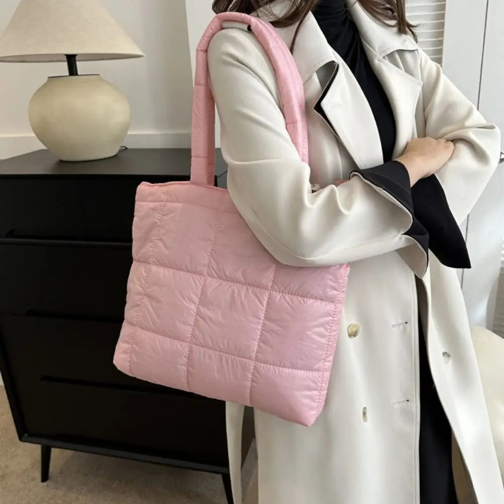 Fashion Nylon Space Cotton Handbag Padded Solid Color Cloud Tote Bag Large Capacity Handle Puffy Shoulder Girls 241213