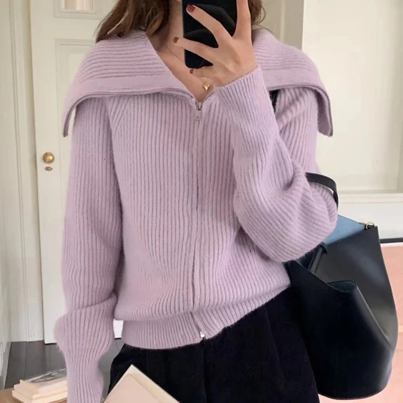 EVNISI Autumn Winter Women Turndown Collar Solid Knit Loose Casual Sweater Zipper Cardigan Warm Long Sleeve Office Coat 241220