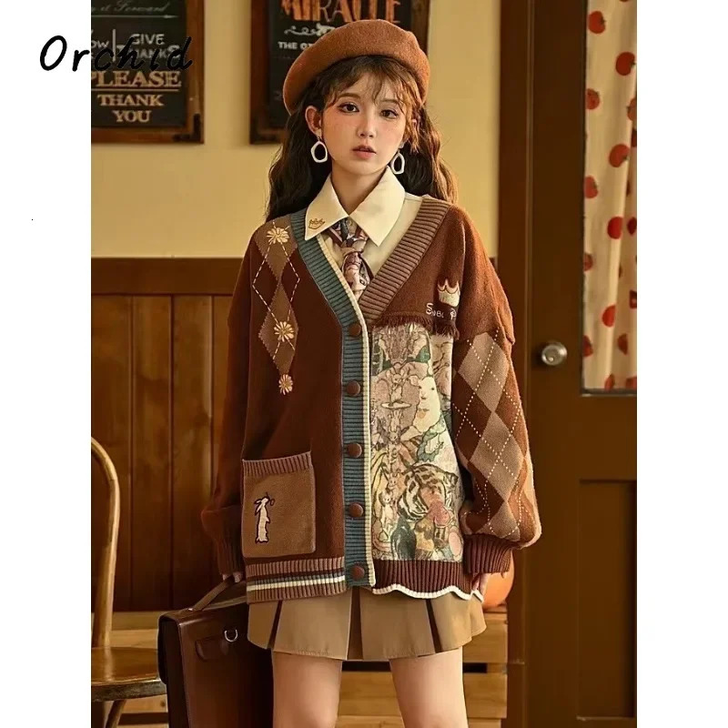 Stylish Vintage Oversized Cardigan Sweater Renaissance Style Loose Knitwear Harajuku Cartoon Knitted Coats Female Clothing 241220