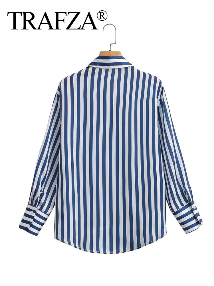 TRAFZA Women Stripe Long Sleeve Blouse Vintage Lady Top Y2K Loose Street Shirts Spring Fashion Button Up Satin Shirt 241218