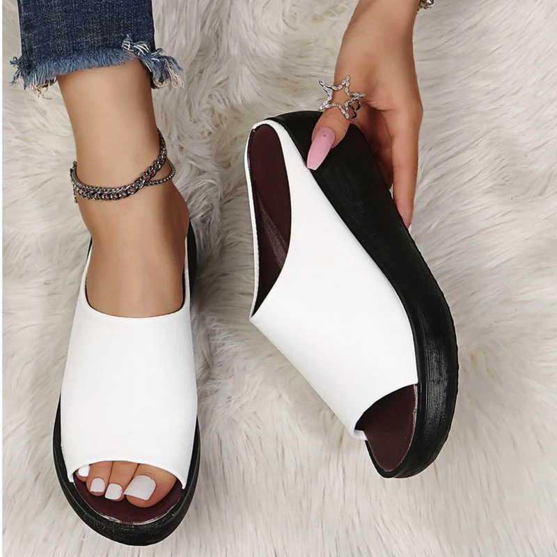 Women White Sandals Summer 2024 New Retro Wedge With Fish Mouth High Heels Thick Bottom Women's Shoes Large Size 44