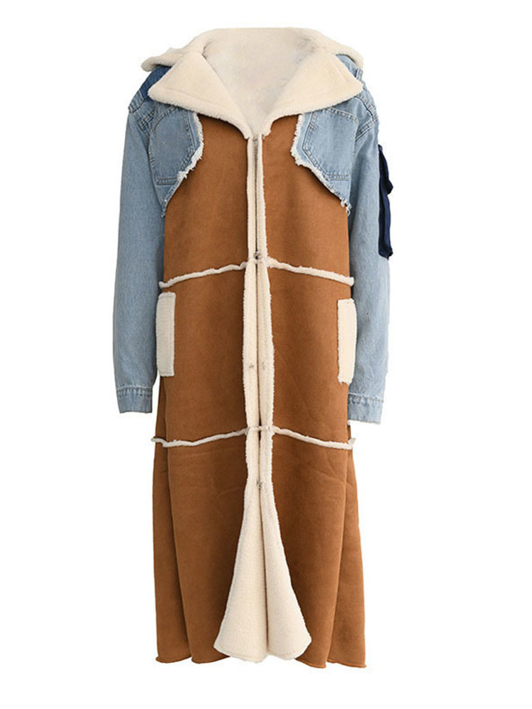 Winter Women's Jackets Turn-Down Collar Temperament Patchwork Denim Long Sleeve Overcoat Woolen Coat Female