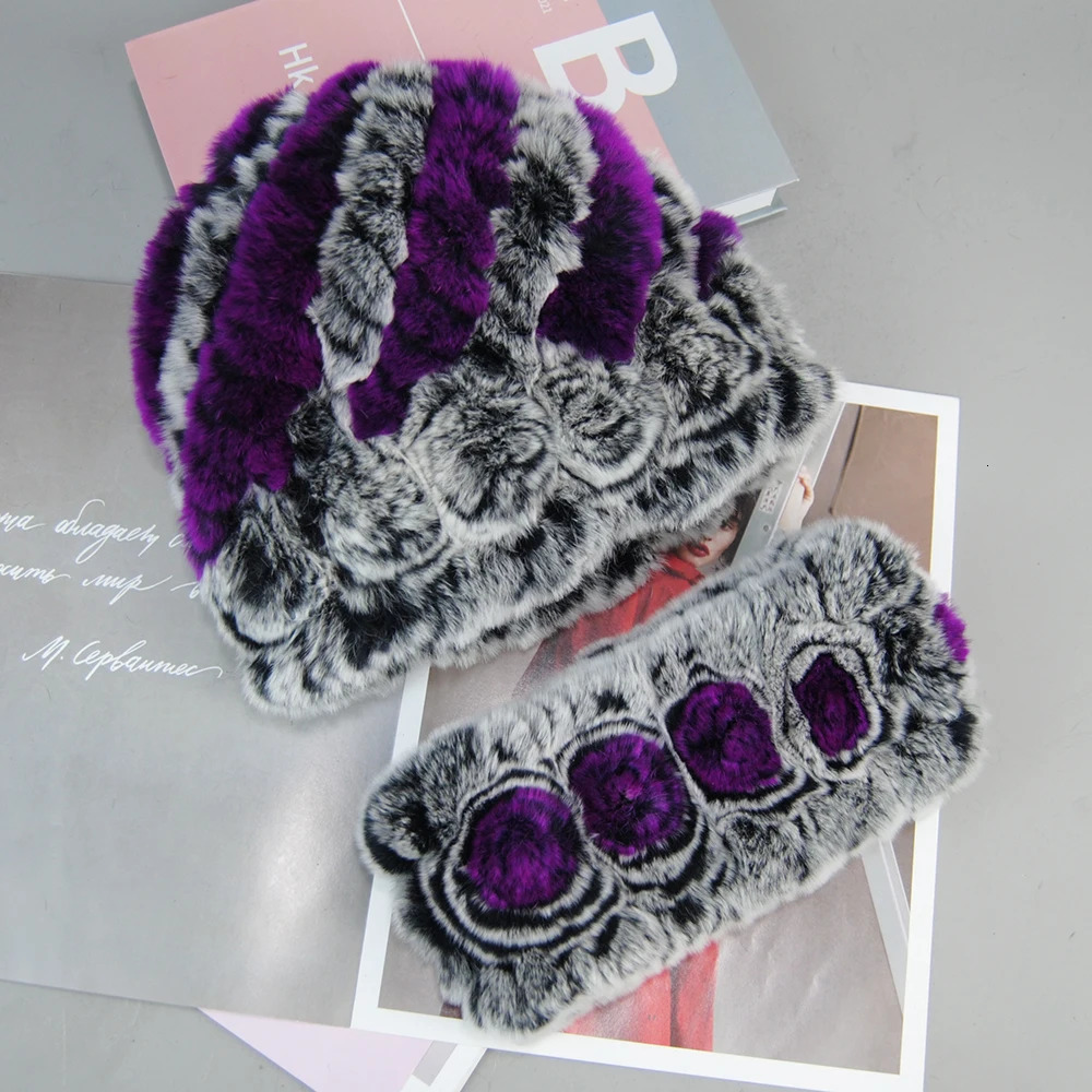 Fashion Real Fur Hats Scarves Sets Women Winter Knitted Real Rex Rabbit Fur Hat Scarf Ladies Natural Fur Hats Mufflers Sets 241214