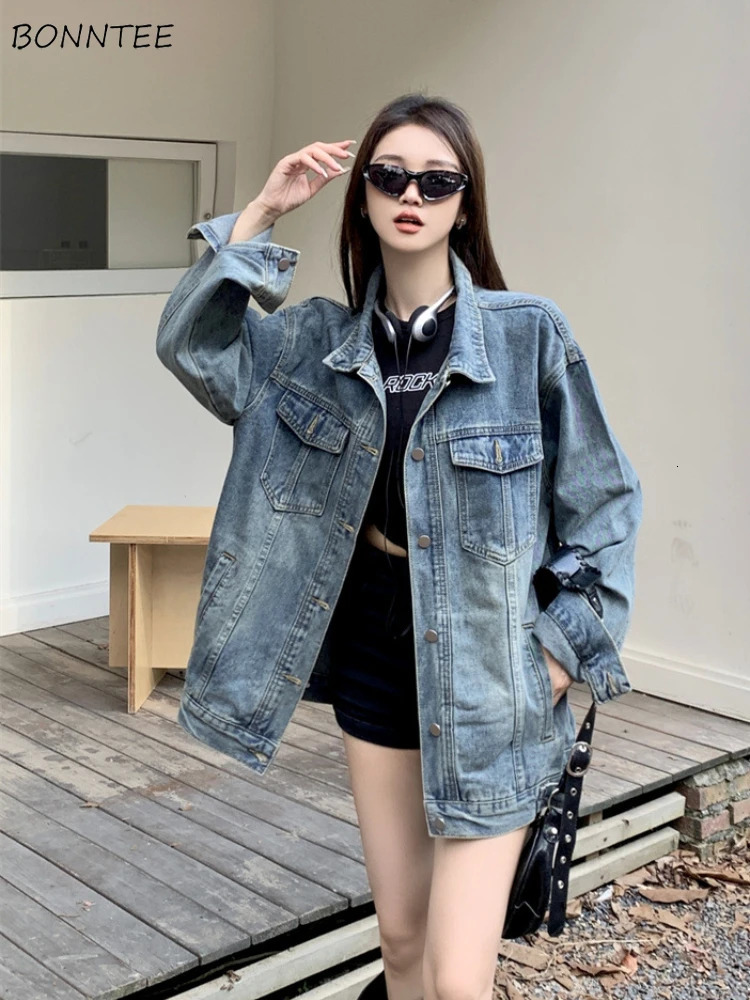 Denim jacket womens retro BF autumn coat street fashion womens Korean fashion trend street clothing Y2k coat aesthetics Ins 241219