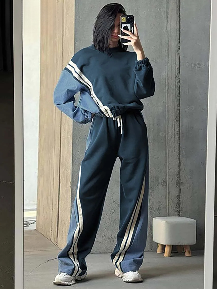Casual Blue Patchwork Sets For Women 2 Pieces O-Neck Long Sleeve Blouse And Drawstring Straight Sweatpants Set Streetwear