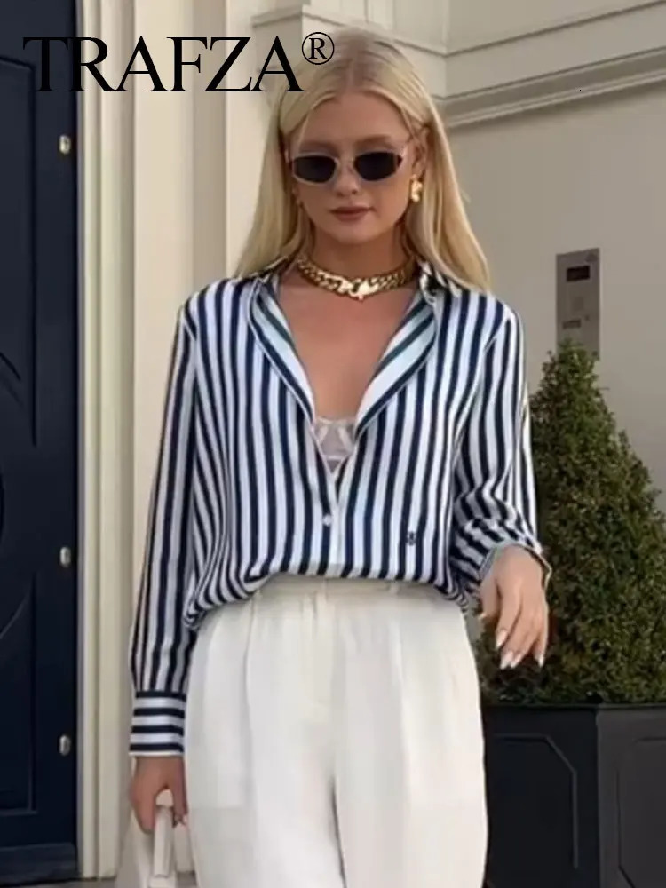 TRAFZA Women Stripe Long Sleeve Blouse Vintage Lady Top Y2K Loose Street Shirts Spring Fashion Button Up Satin Shirt 241218