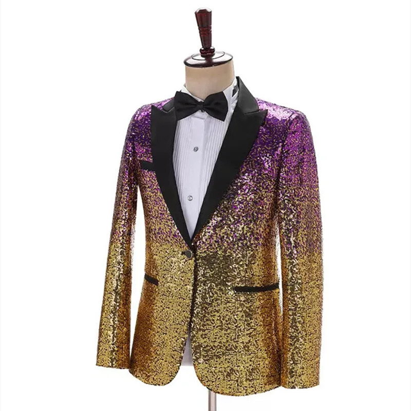 Gradient Color Sequins Tuxedo Suit Coat Men Wedding Groom Prom Glitter Jacket Bar Concert Singer Host Stage Blazer Gold 241218