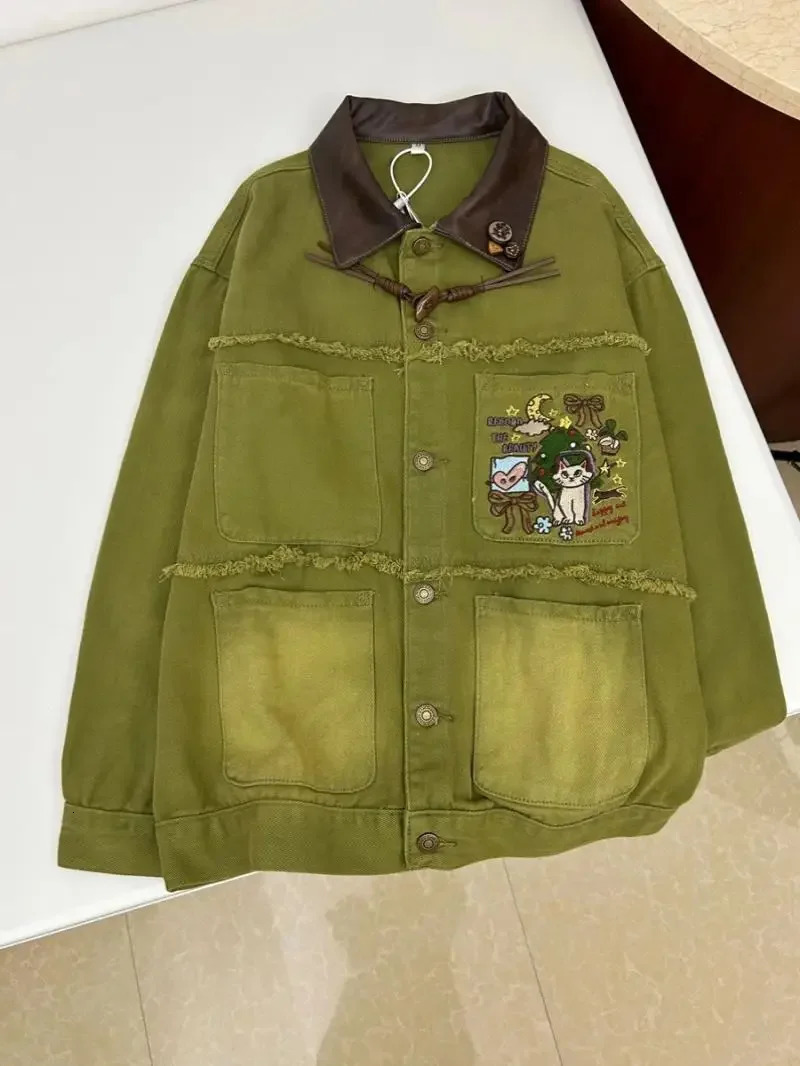 Y2k green embroidery plus size denim jacket for womens spring/summer feeling jacket baseball uniform sports trend 241219