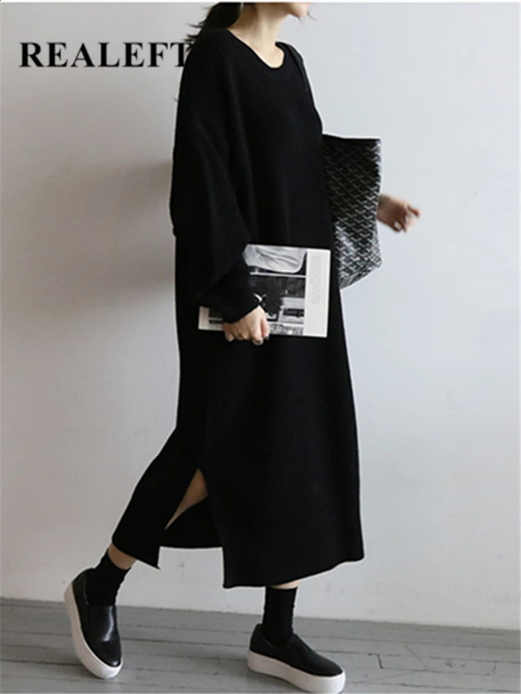 REALEFT Autumn Winter Oversize Womens Knitted Dresses ONeck Side Split Loose Long Sleeve Sweater Dress Female 241218