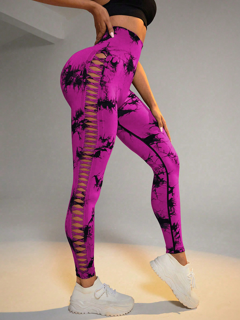 European and American women's gradient hanging dye side hollow seamless tie dye yoga alignment tight pants shorts yoga pants gym slimming sportsw