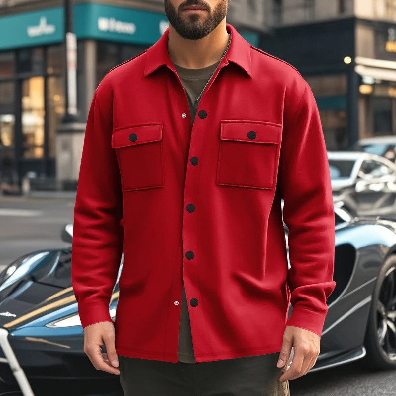 Stylish fleece single-breasted long-sleeved lapel shirt with double pockets shows personality and charm for many occasions 241223
