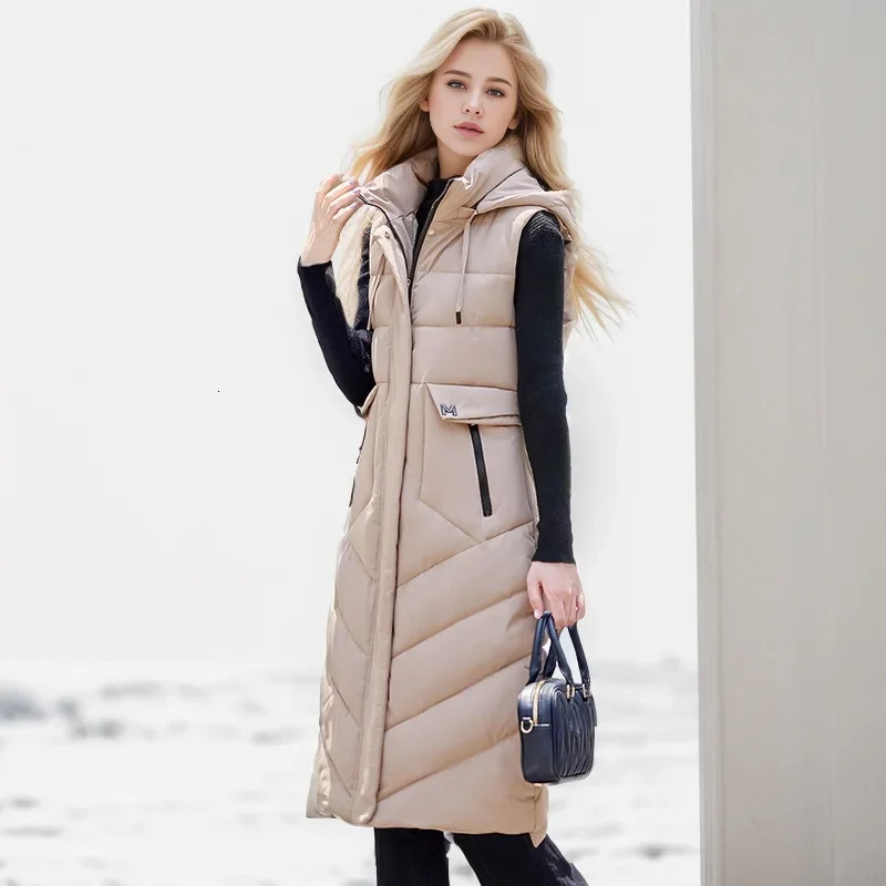 2024 Fashion Winter Long Vest Woman Outerwears Hooded Elegant Thick Warm Jackets Coat Female Sleeveless Down Cotton Parka 241220