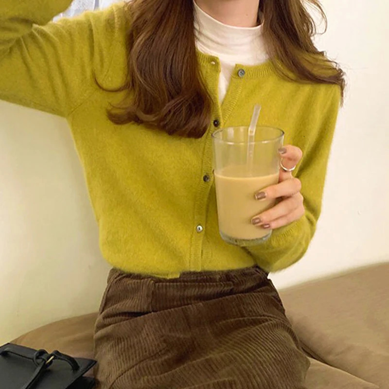 Korean Round Neck Knitted Cardigan Women Autumn Winter Simple Single Breasted Sweaters Woman Solid Color Long Sleeve Cardigans 241220