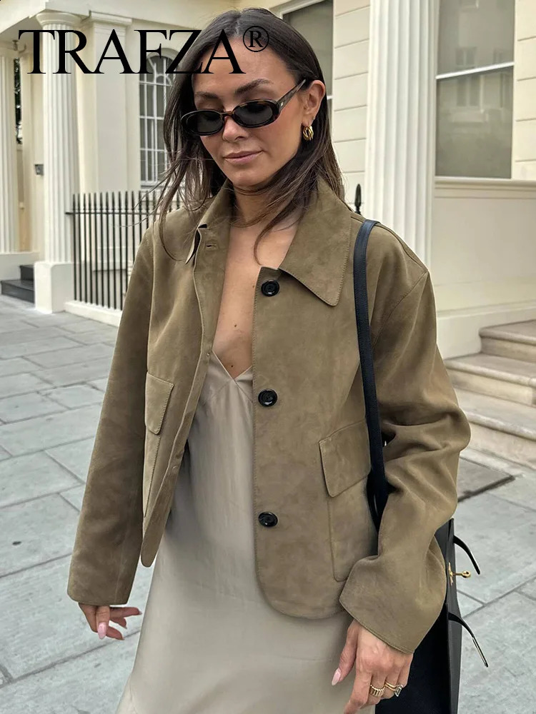 TRAFZA Autumn Women Casual Suede Lapel Jacket Fashion Long Sleeves Crop Coat Pockets Female Chic Single Breasted Outerwear 241223