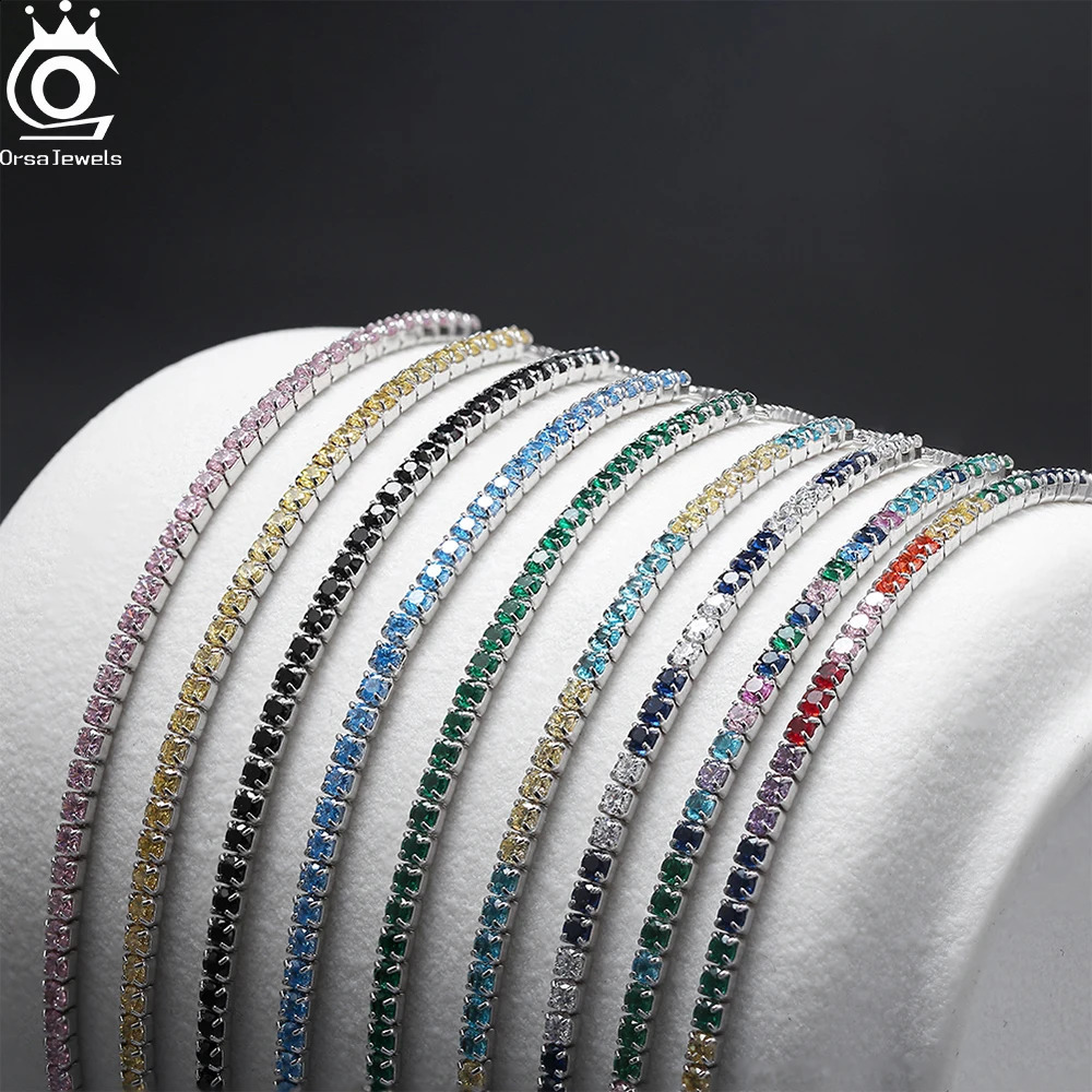 ORSA JEWELS Rainbow 2mm Width Cubic Zirconia Chain Bracelet Soild 925 Sterling Silver Colorful CZ Tennis Bangle Adjustable SB150 241214