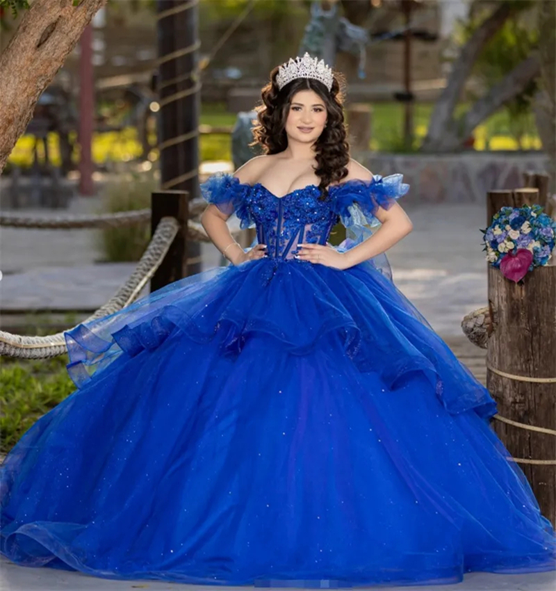 Blue Princess Quinceanera Dresses Off The Shoulder Long Ball Gown Prom Party Special Occasion Gowns Tiered Tulle Sweet 16 Dress Corset Back
