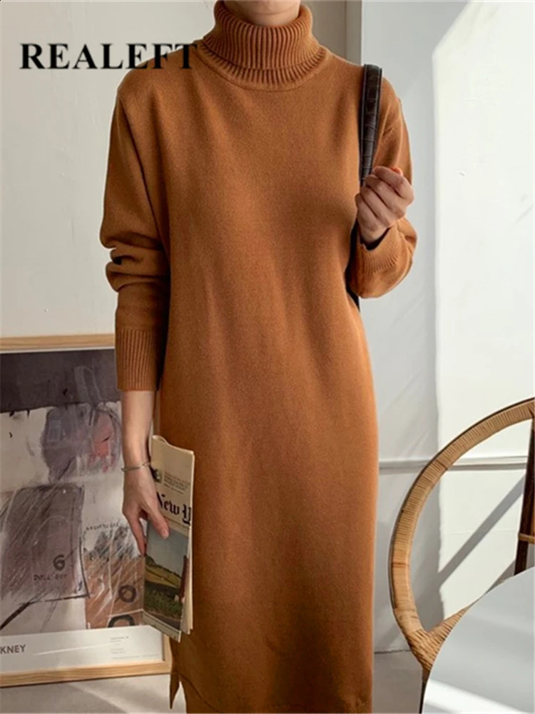 REALEFT Autumn Winter Loose Turtleneck Dress Female Straight Sweater Dresses Long Sleeve Knitted Womens 241218