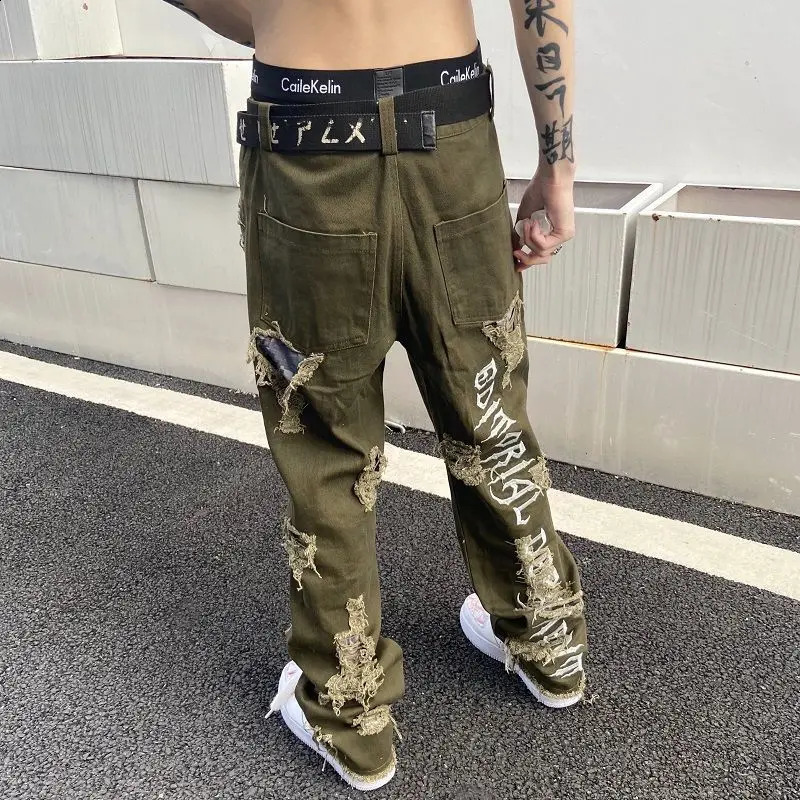 Streetwear Women and Mens Knife Ripped Jeans Embroidered Straight Loose Wide Leg Pants Hip Hop Cool Beggar Trousers Harem Pants 241223