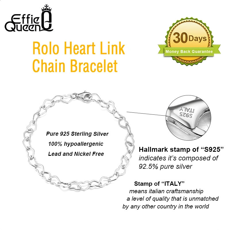 EFFIE QUEEN 14K Gold Rolo Heart Link Chain Bracelet 925 Sterling Silver Simple n Bracelets Jewelry Present for Women SB99 241214