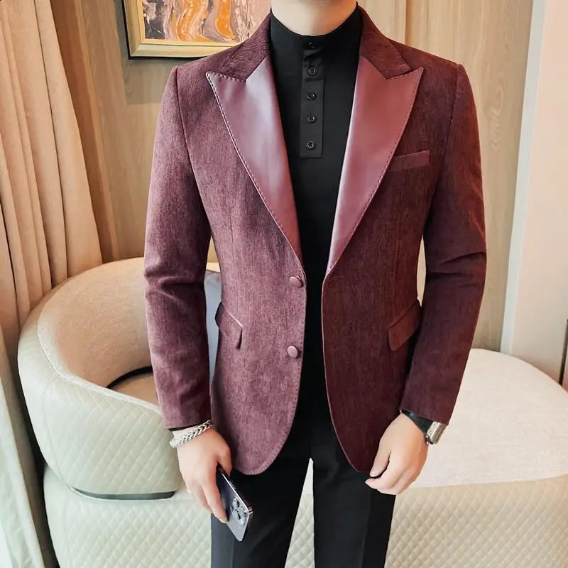 Men Blazer Jackets High Quality Korean Clothing Fashion PU Leather Spliced Collar Blazers Mens Slim Fit Business Coats 241220