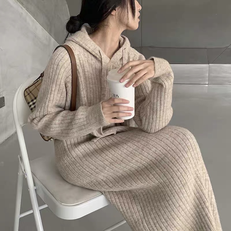 L965775 Mid-length hooded knitted dress for women autumn and winter new loose slim lazy pullover bottoming sweater dress