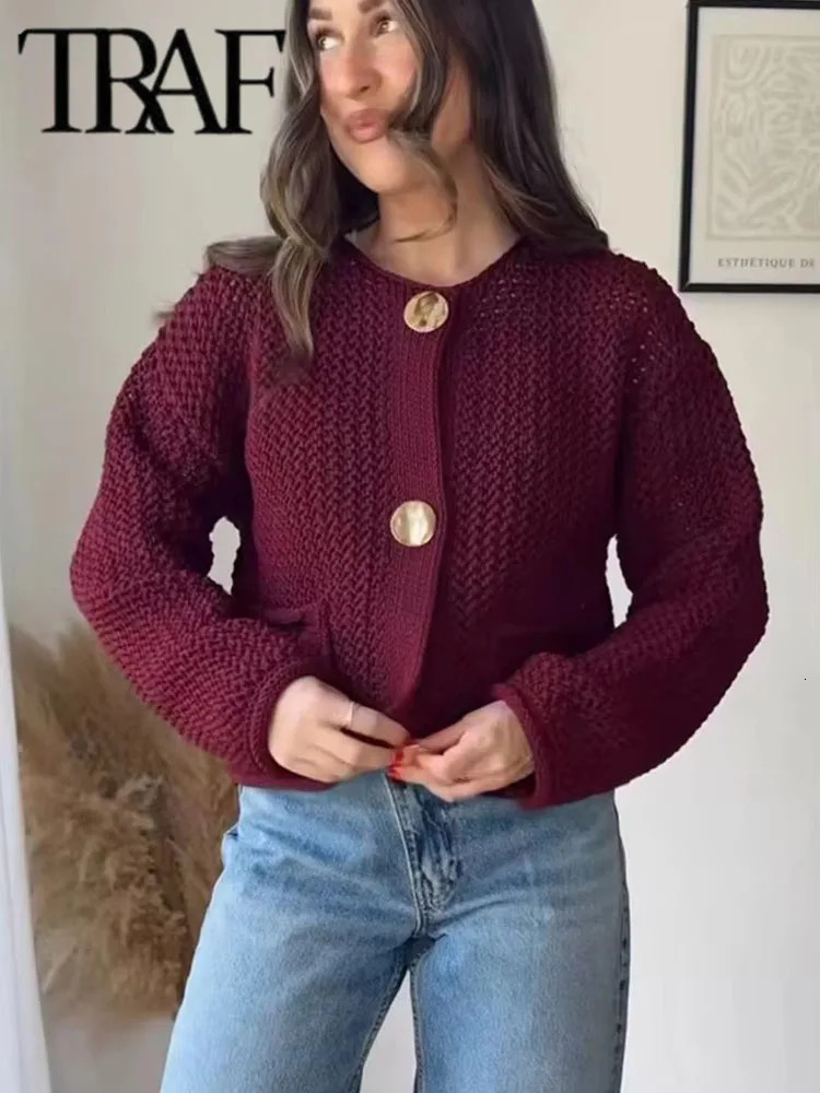 TRAF Autumn Winter Knitted Cardigans For Women Casual Button Long Sleeve Female Sweater 2024 Fashion Loose Lady Coat 241220