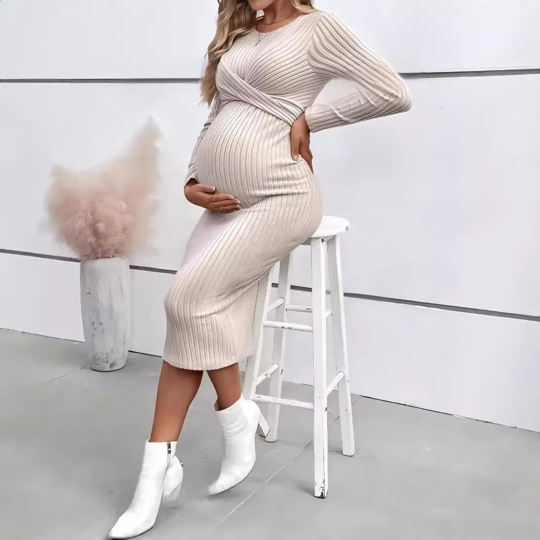 Maternity Dress Fashion Pregnancy Clothes Long Sleeve Temperament Slim Solid Color Knit Maternities Dresses One-piece Skirt 241223