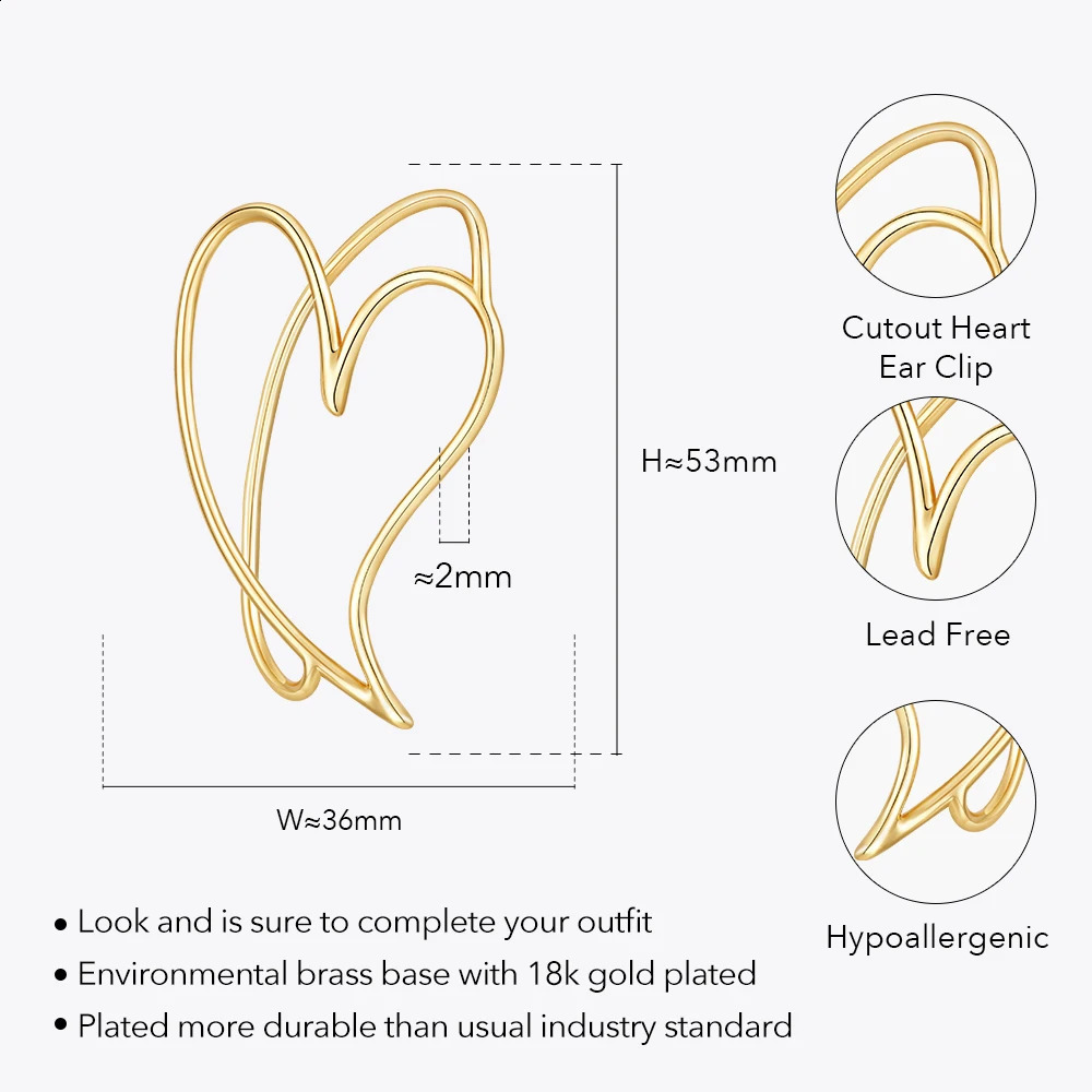 ENFASHION Cutout Heart Ear Clip For Women 18K Plated Gold Aretes De Mujer Ear Cuff Fashion Jewelry Travel Party Dropship E231458 241220