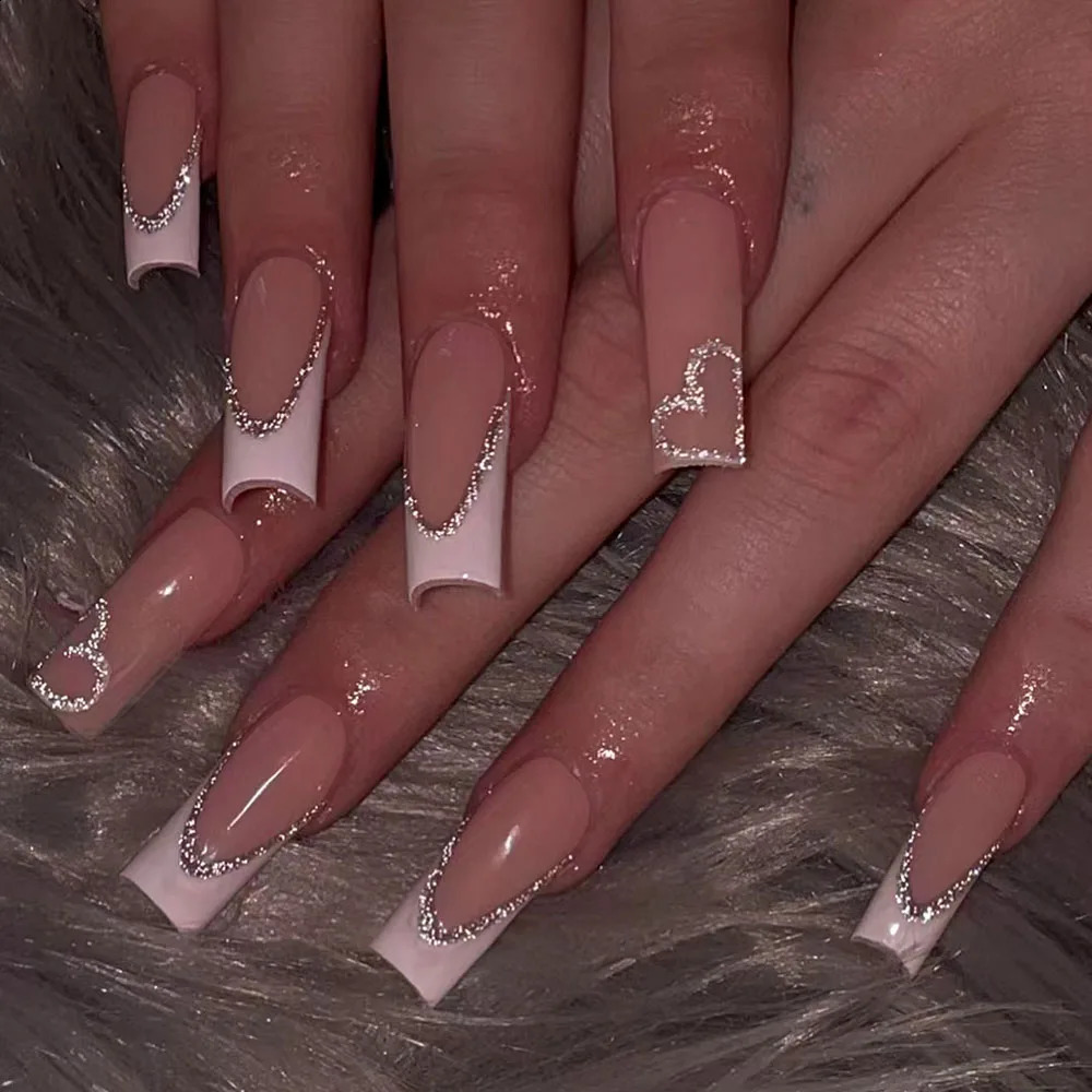 24pcs French long false nail square glitter love U-shaped press on nails detachable reusable suitable for women 241223
