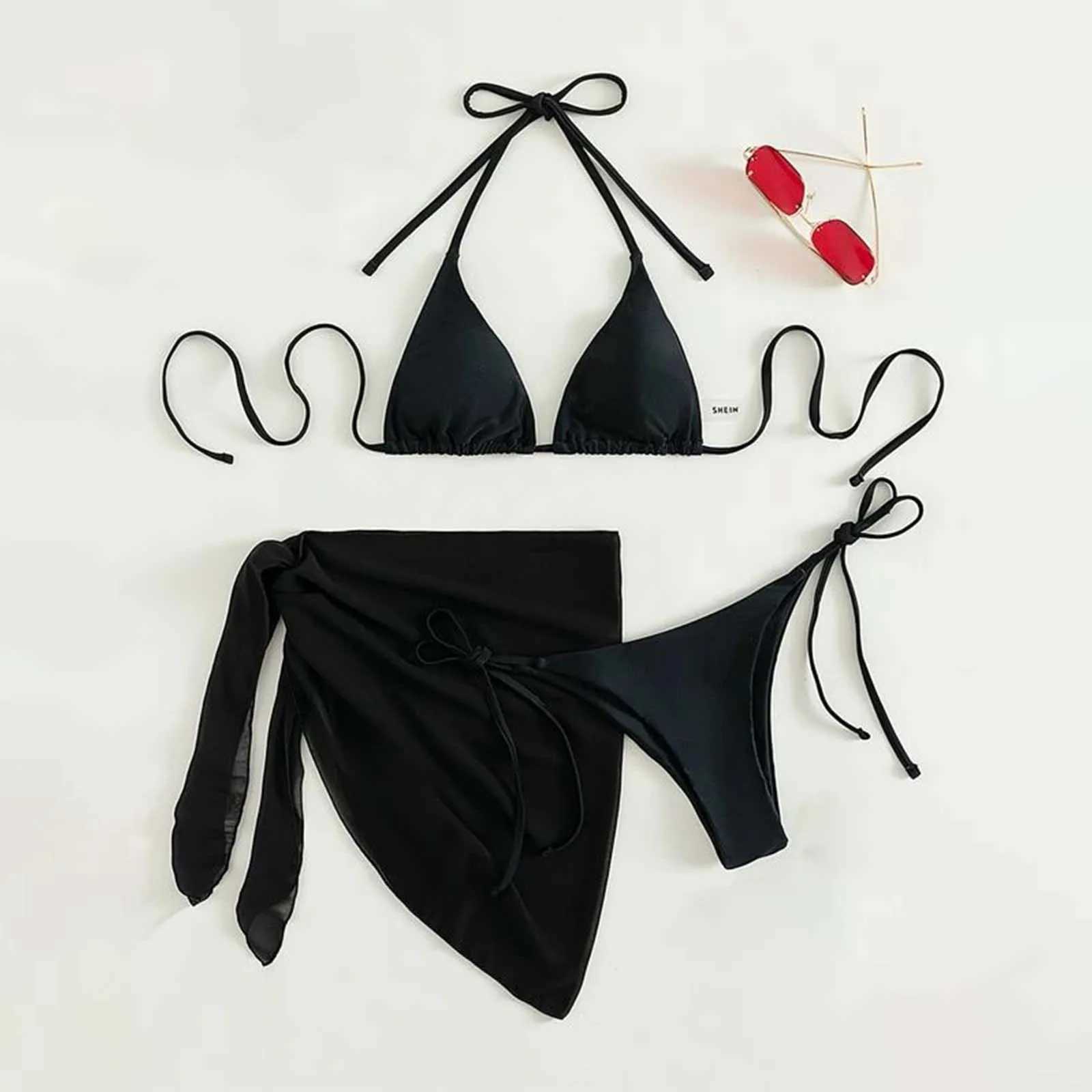 WomenS Solid Halter Backless Bikinis Set Sexy Triangle Cup Lace Up Bikini Top With Bottoms Swimsuit Cover Up 3 Piece SwimsuitXJ241223