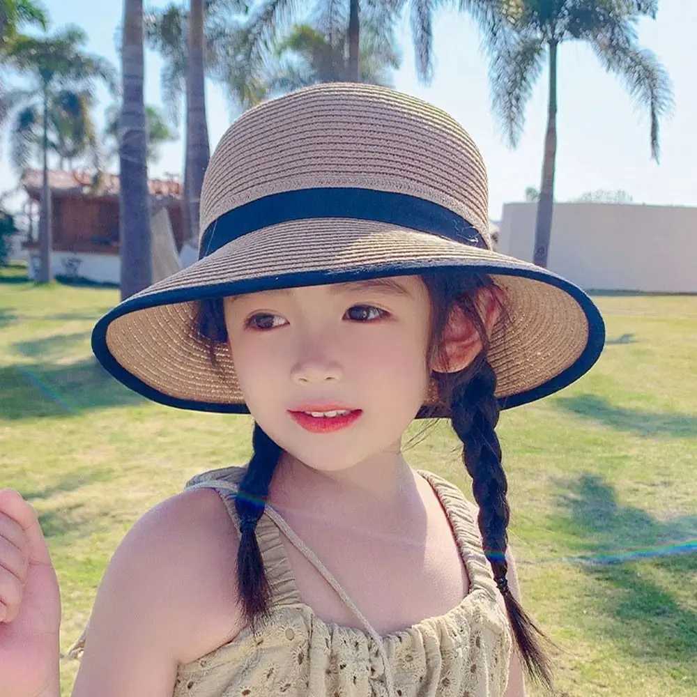 Caps Hats Spring and summer children girls grass bucket hat beach holiday round outdoor bow sun hat H241223