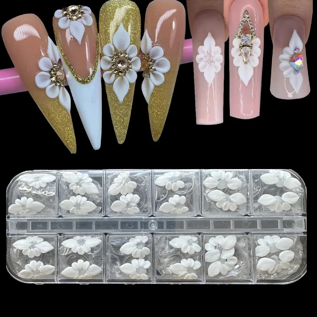 24pcs Manicure Carved Gel 3D Flower White Jewelry Handmade Kawaii Charm Sticker Decoration DIY Nail Art Accessory 241220