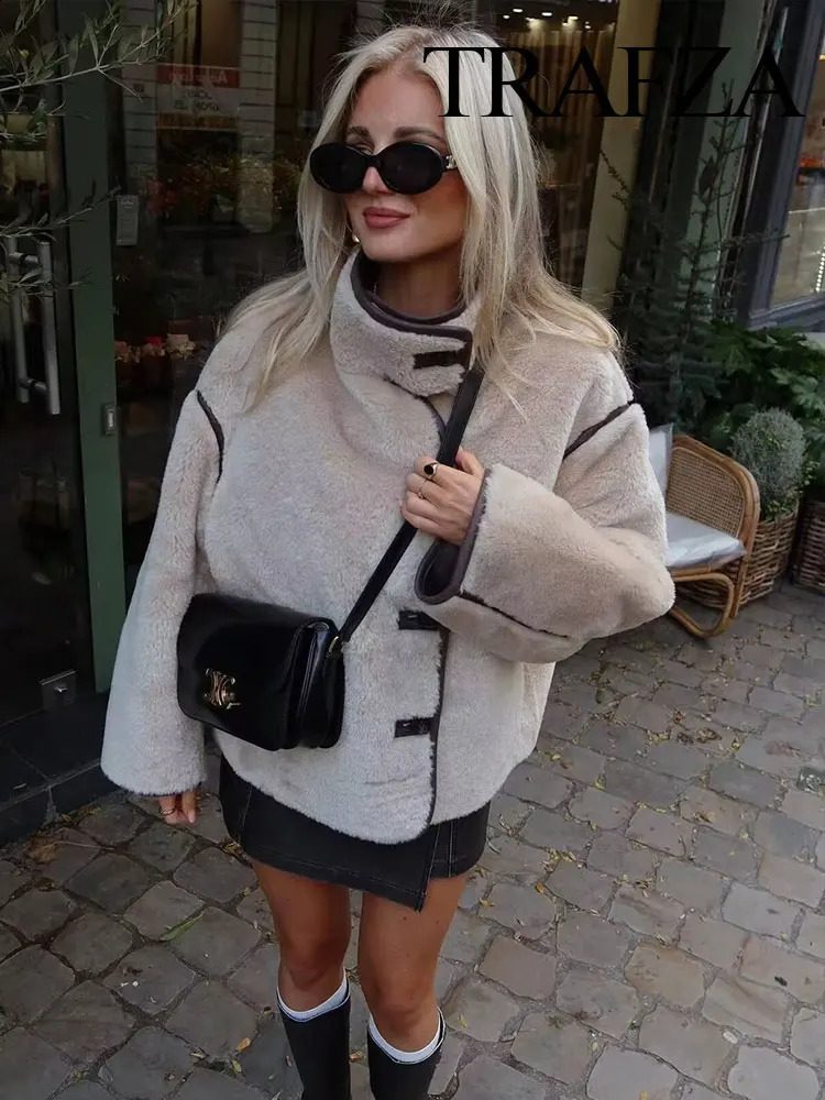 TRAFZA Womens Fashion Fleece Short Casual Jacket Women 2024 Elegant Long Sleeve Button Decoration Chic Pocket Thick Jacket Y2K 241223