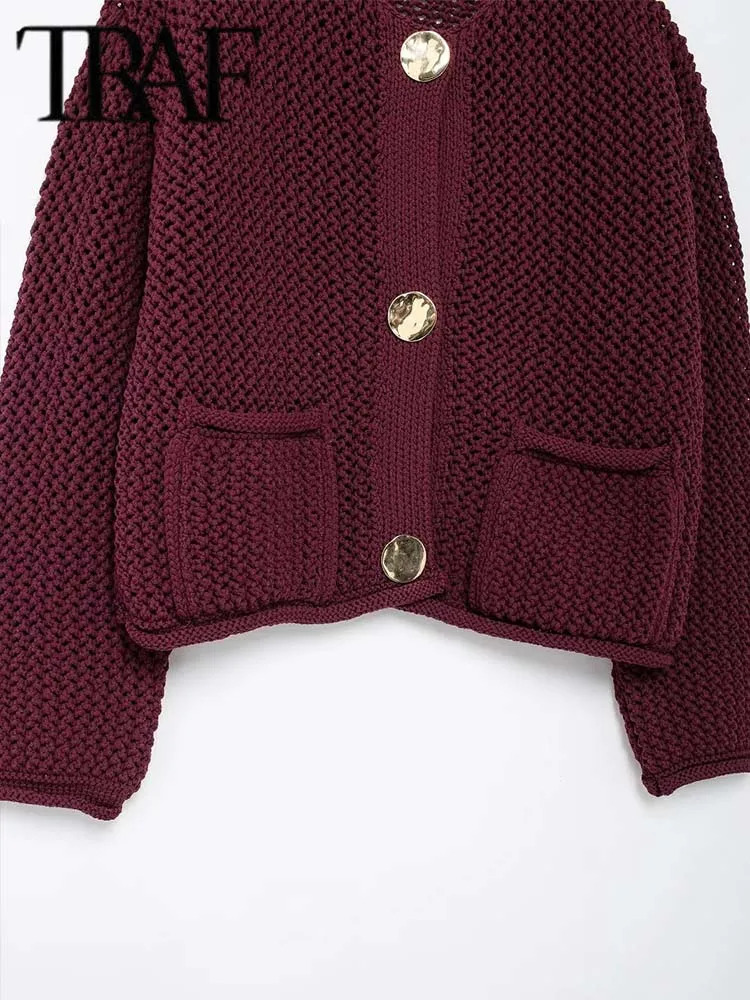 TRAF Autumn Winter Knitted Cardigans For Women Casual Button Long Sleeve Female Sweater 2024 Fashion Loose Lady Coat 241220